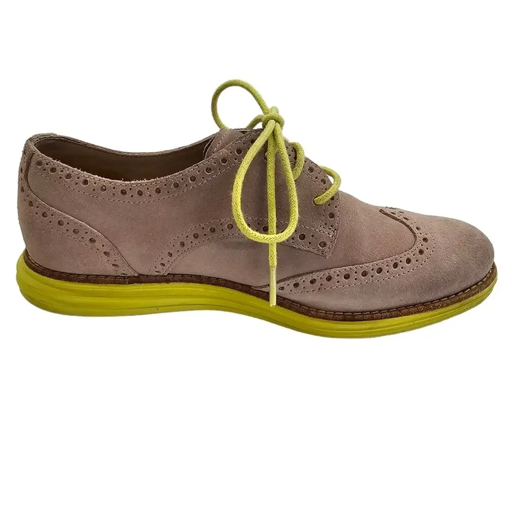 Cole Haan Shoes Womens Size 5.5 Tan Wingtip Oxford Suede Lace Up Chartreuse